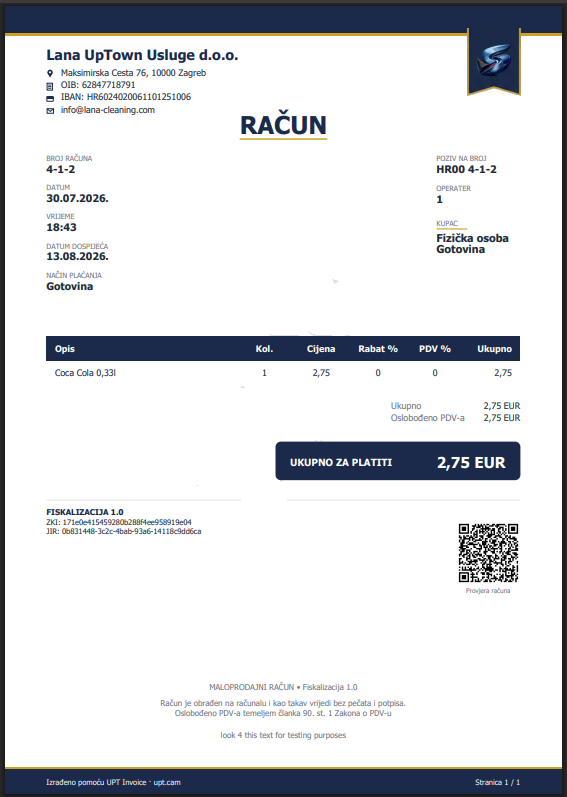 UPT Invoice — pregled računa i sučelja aplikacije