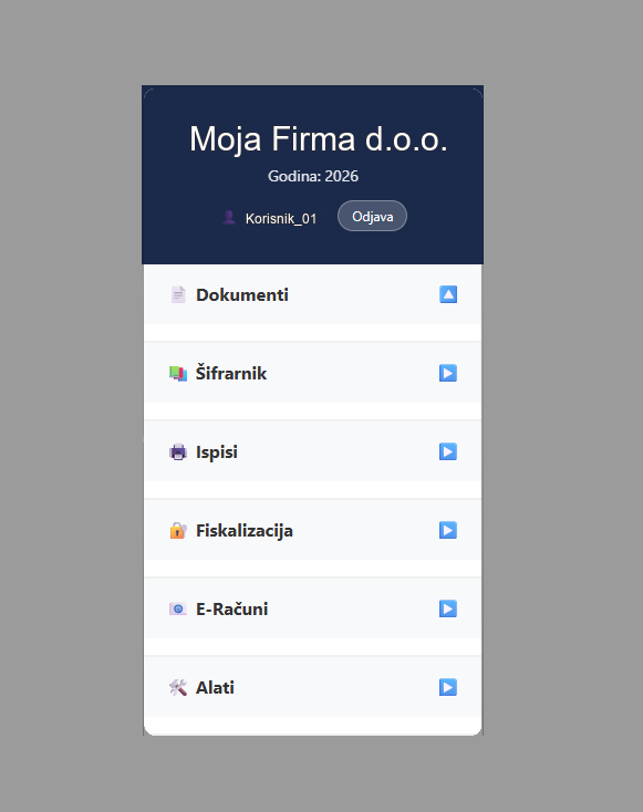 UPT Invoice — glavni izbornik aplikacije